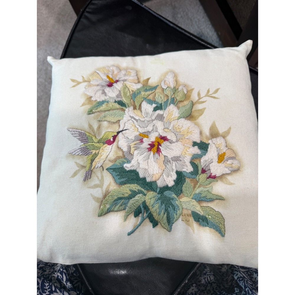 Hand Embroidered Pillow Hummingbird Flowers Square Accent Pillow Beige Cover